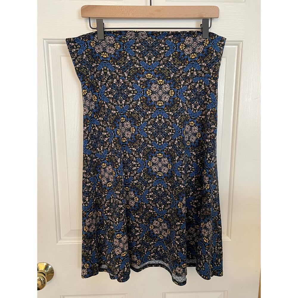Lularoe Womens Midi Skirt Size Large Pull On Blue Yellow Black Geometric Stretch